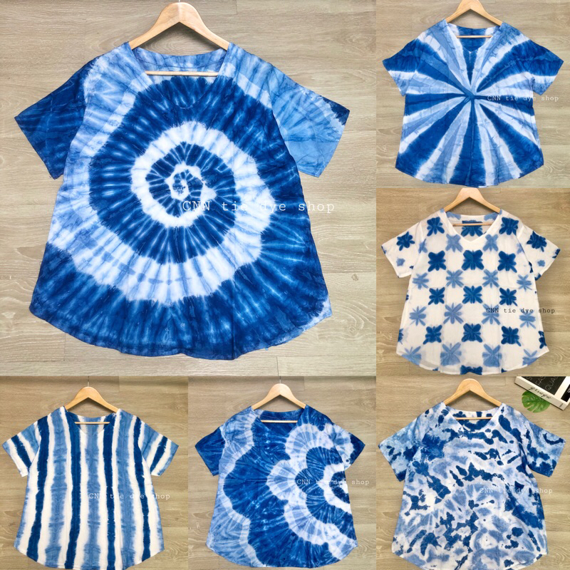 เสื้อมัดย้อม คอวีV ครามทูโทน 🩵