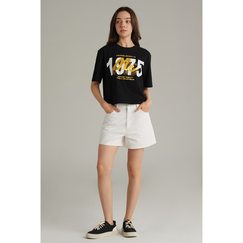 Mc jeans เสื้อยืดผู้หญิง ทรงครอปโอเวอร์ไซส์ คอกลม สีดำ MTTZ711