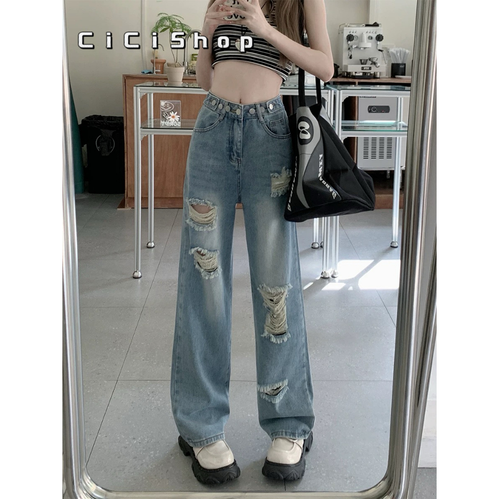 Cicishop(929)กางเกงยีนส์ขายาว ทรงกระบอก เเต่งขาด สีสนิม ดีเทลมีกระดุมปรับเข้ารูป สไตล์วินเทจ