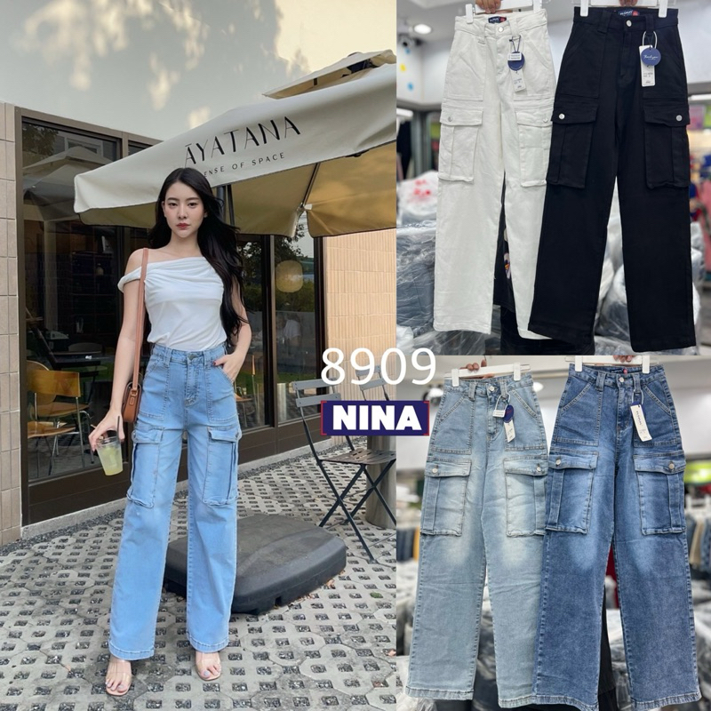 NN-ST งานกางเกงยีนส์ทรงกระบอกคาร์โก้ คาร์ใจ งานผ้ายืดเยอะ เอวสูงทรงสวย กระเป๋า #8909