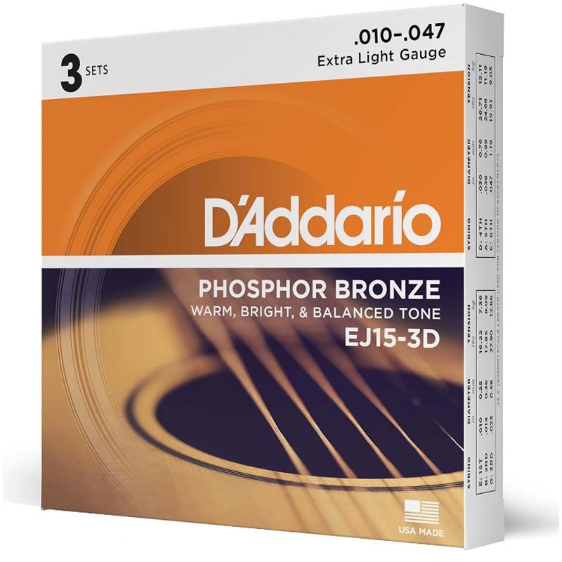 D'Addario EJ15/EJ16/EJ26 สายกีตาร์-Phosphor Bronze Acoustic Guitar Strings, 3-Pack