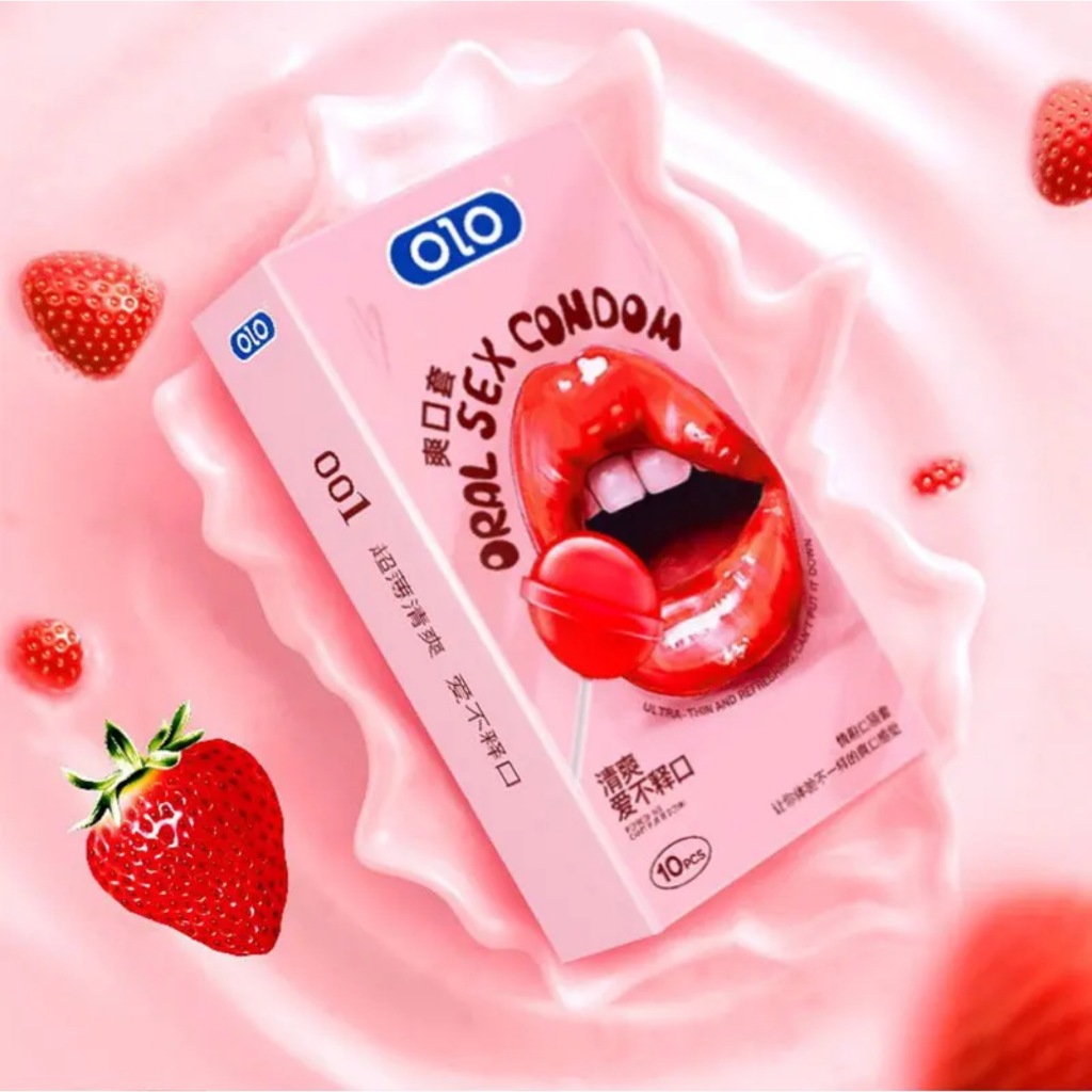 ถุงยาง รสสตรอเบอร์รี่ อมอร่อย (1กล่อง/10ชิ้น) ฟรีไซส์ 49-54มม. แบรนด์ olo Oral Sex Condom Candy