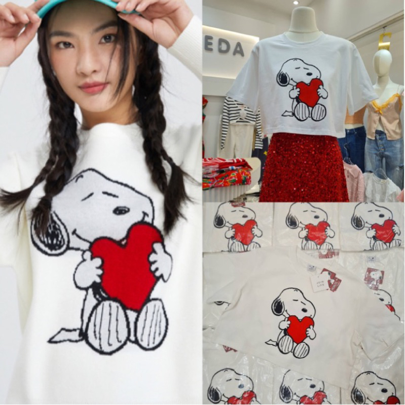 Snooppy Crop เสื้อครอปพิมพ์ลายsnooppyหัวใจแดง ❤️🐶ผ้าcottonหนานุ่ม