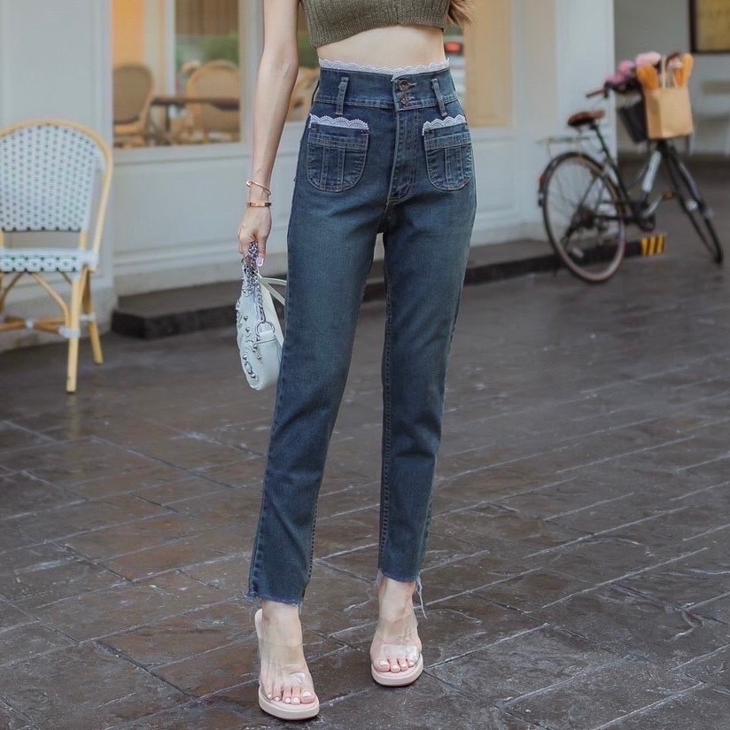TwiceJeans กางเกงทรงบอย แฟชั่นขอบแต่งลูกไม้ ปลายตัด (S-5XL) ผ้ายืด สีสนิม