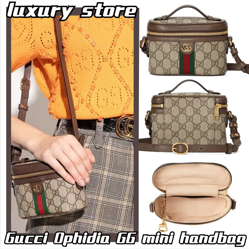 💝💯กุชชี่ คอลเลกชัน Gucci GG Ophidia GG mini tote bag/กระเป๋าผู้หญิง มินิ/กระเป๋าทรงกล่อง/สายสะพายปรับระดับได้