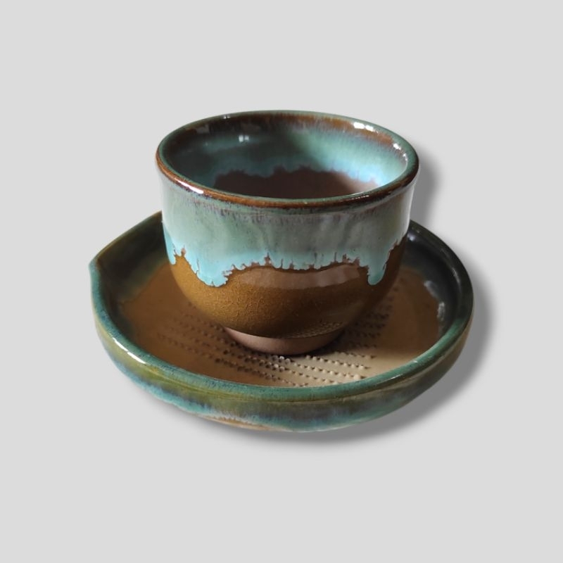 ถ้วยน้ำชาและถาดรองถ้วยดินเผา เคลือบเงาโบราณดั้งเดิม งานญี่ปุ่น
