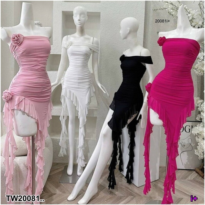 MM20081 เดรสผ้ามุ้ง เกาะอกแต่งดอกกุหลาบ สายระบาย .Mosquito net dress, strapless, decorated with roses, ruffles..