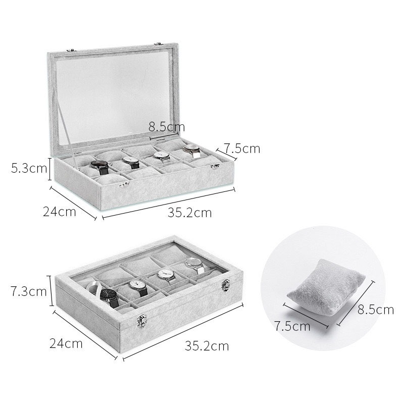 *พร้อมส่ง*กล่องนาฬิกา 12เรือน กล่องใส่นาฬิกา Watch Box （กำมะหยี่น้ำแข็งสีเทา+หมอนผ้าไหม）กล่องของขวัญ