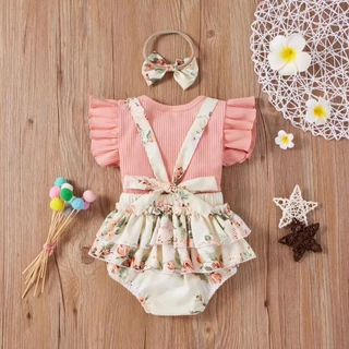 Babyonline(Y260)D4 (ส่งด่วน1วัน)ชุดบอดี้สูทกระโปรงกางเกงเด็กผู้หญิงลายดอกไม้มีโบว์คาดผมสุดน่ารัก