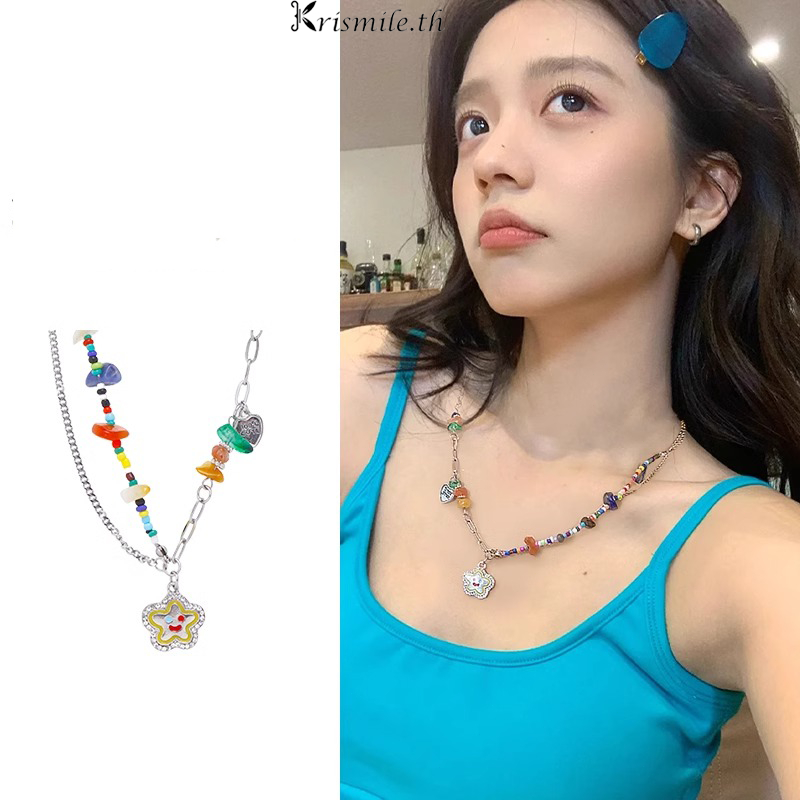 COD-ในไทย💖สร้อยคอลูกปัดหลากสีจี้เส้นหน้ายิ้มรูปดาวห้าแฉกโซ่ไหปลาร้าสองชั้นโลหะY2Kเกาหลีแฟชั่นเครื่องประดับสำหรับผู้หญิง-