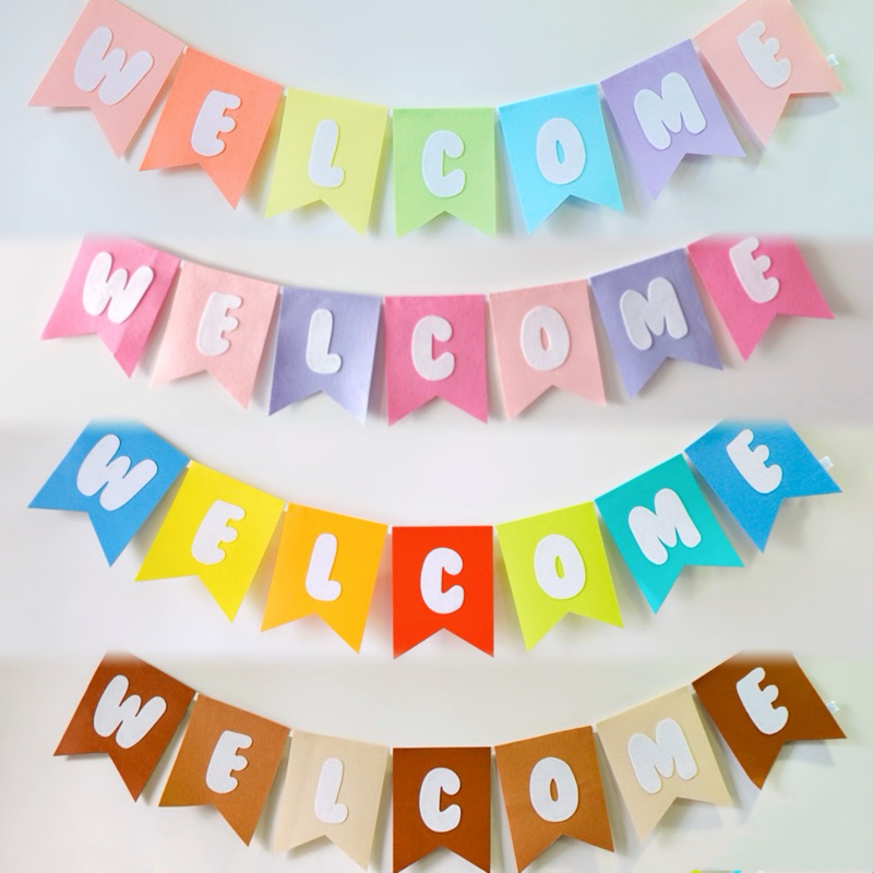 พร้อมส่ง ธงผ้า WELCOME ผ้าสักหลาด สีสวนสด ขนาดสูง17 ซม. ไซส์ใหญ่ เด่นชัด **ข้อความอื่นๆทักข้อความนะคะ