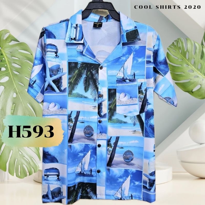 เสื้อฮาวาย ผ้าไหมอิตาลี ทะเลสีฟ้า H593