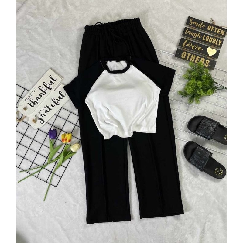 Lalata_vintage ชุดเซ็ต วินเทจ ครอปทูโทน กางเกงขายาววูลเวฟ เสื้อผ้า Clothing