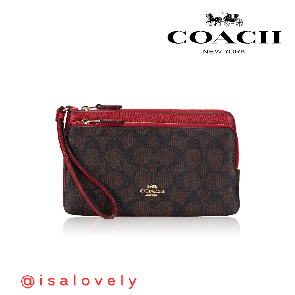 📌Isa Lovely Shop📌  COACH C5576 DOUBLE ZIP WALLET IN SIGNATURE Color: IM/BROWN 1941 RED
