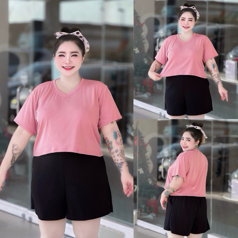 VM 23 เสื้อครอปสาวอวบ คอวีครอปผ้ายืด ผ้าทิ้งตัว ไม่ต้องรีด