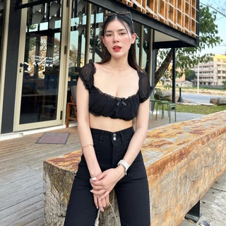🌈SpinnyHouse🌈เสื้อครอปแขนตุ๊กตา ผ้ามุ้ง2ชั้น แต่งโบว์ช่วงอก 🎀 ผ้ายืดใส่สบาย นางแบบใส่งานจริงค่า รุ่น โบว์รัก B-007-3-B