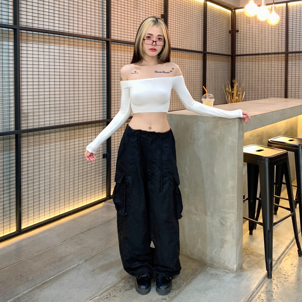 เสื้อครอปแขนยาว ปาดไหล่ ผ้าเรย่อน สำหรับสาวไซส์มินิ ผ้านืดใส่สบายใส่ปาร์ตี้ ใส่เที่ยวก้เริ่ด รุ่น โอซาก้า B-002-3-A