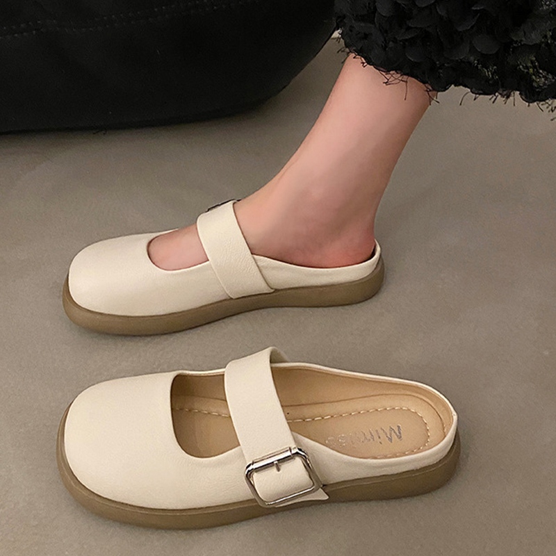 Luckkyshoes จัดไปของใหม่ รองเท้าแตะแบบสวมดีไซน์แฟชั่นสำหรับคุณผู้หญิง รุ่นนี้ทรงหัวปิดมีสายคาดเข็มขัดสวยมาก โทนสีดูดีเ