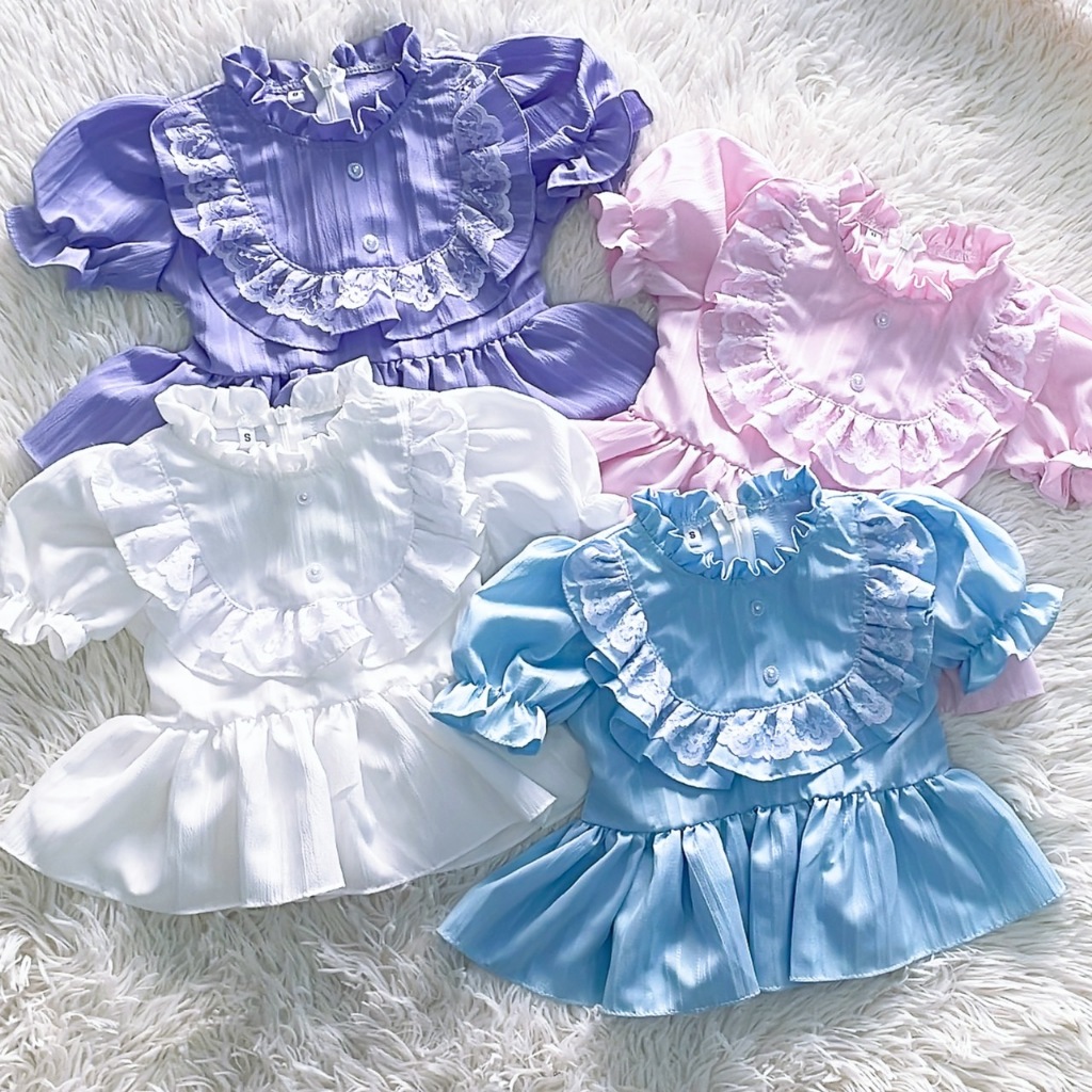 เสื้อลูกไม้ เสื้อชุดไทย เสื้อเดี่ยวแต่งระบายลูกไม้ ซิปหลัง พร้อมสายผูก สำหรับเด็ก