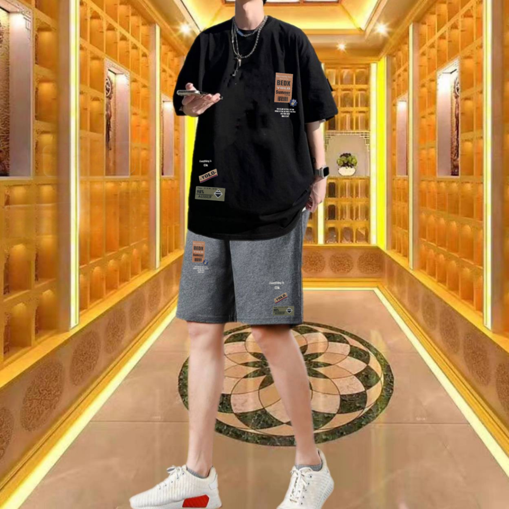 ชุดเสื้อยืดแขนสั้นใส่เที่ยวสงกรานต์+กางเกงขาสั้นสกรีนลายเท่ๆ เสื้อผ้าคอตตอนยืดใส่สบายสีไม่ตก (รหัส 2020 กางเกงสีเทา)