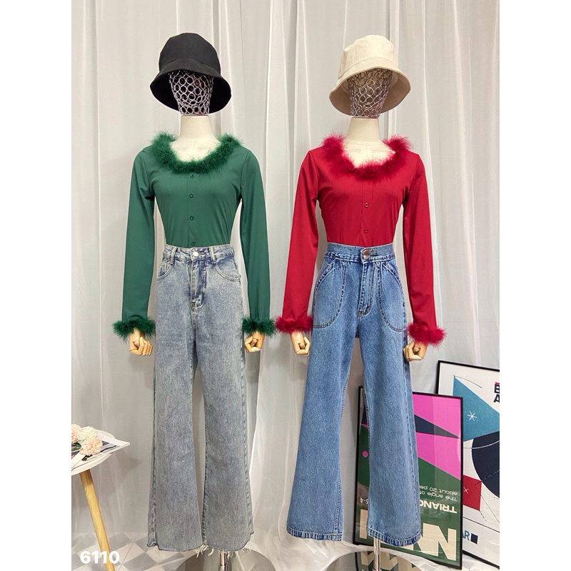 NICHA ONLINE เสื้อไหมพรมแขนยาว คอกว้าง แต่งขนมิงค์ที่คอและปลายแขน พร้อมส่ง