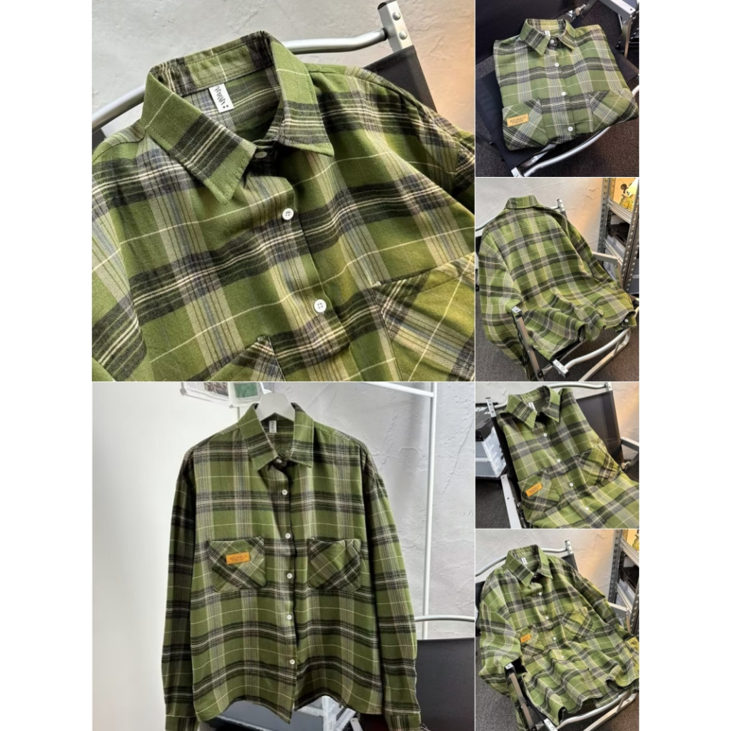 HJA30 เสื้อเชิ้ตแขนยาวลายสก๊อตย้อนยุค แฟชั่นแนวสตรีทผู้ชาย ออกแบบผลิตภัณฑ์ใหม่ M-2XL สีเขียว