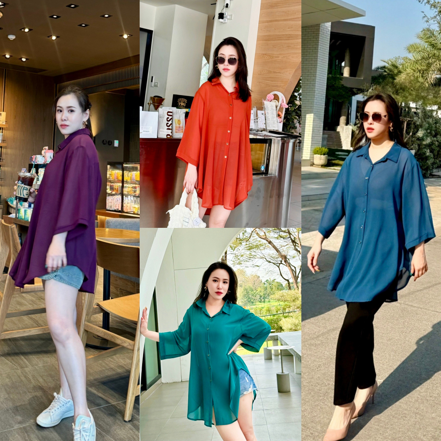 Lynlalin เสื้อเชิ้ตตัวยาว เสื้อคลุมชีฟองเนื้อทรายพรีเมี่ยม ปลายคัตติ้งเคิร์ฟตัวยู เรียบหรูแบบไม่ล้าสมัย รุ่น มิลร่า