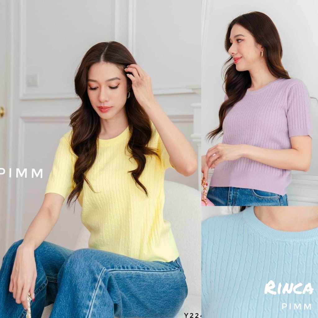 🎄11.11🎅(อก 38-40") เสื้อไหมพรมลายเปียคอกลม แขนสั้น Pimm 224 จั๊มเอว เนื้อผ้านุ่ม