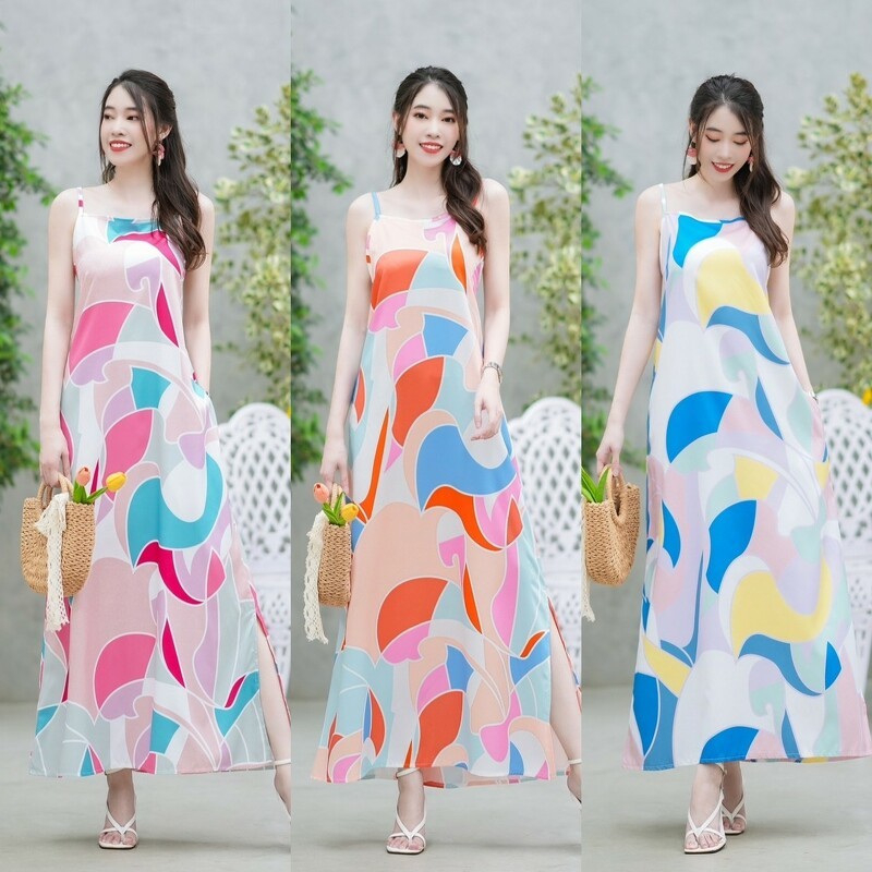 TwinsShopVip พร้อมส่ง TW14171 เดรสยาวสายเดี่ยว ลายกราฟฟิก sale