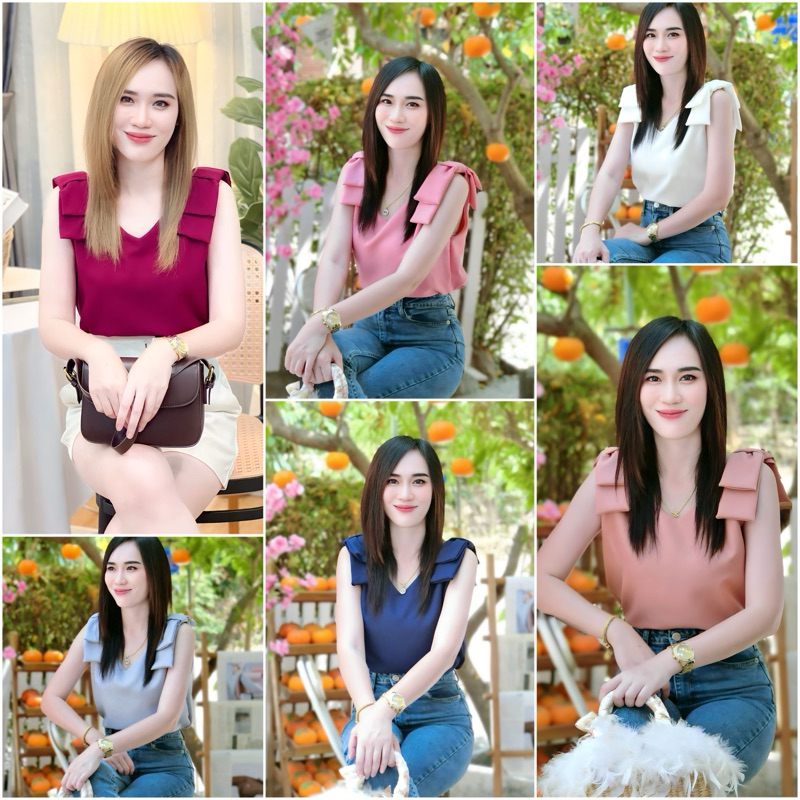 เสื้อโฟร์เวย์แขนกุดโบว์ไหล่ชั้น