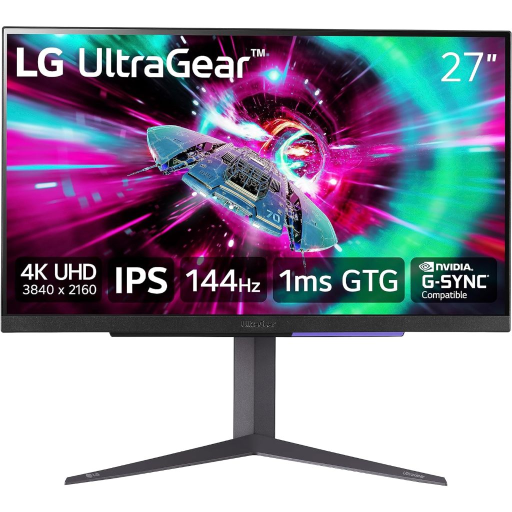 LG 27GR93U-B 27" UltraGear 4K UHD (3840x2160) Gaming Monitor, 144Hz, 1ms, VESA DisplayHDR 400, G-SYNC and AMD FreeSync Premium, HDMI 2.1, DisplayPort, 4-Pole HP Out DTS HP:X, Tilt/Height/Pivot Stand, Black