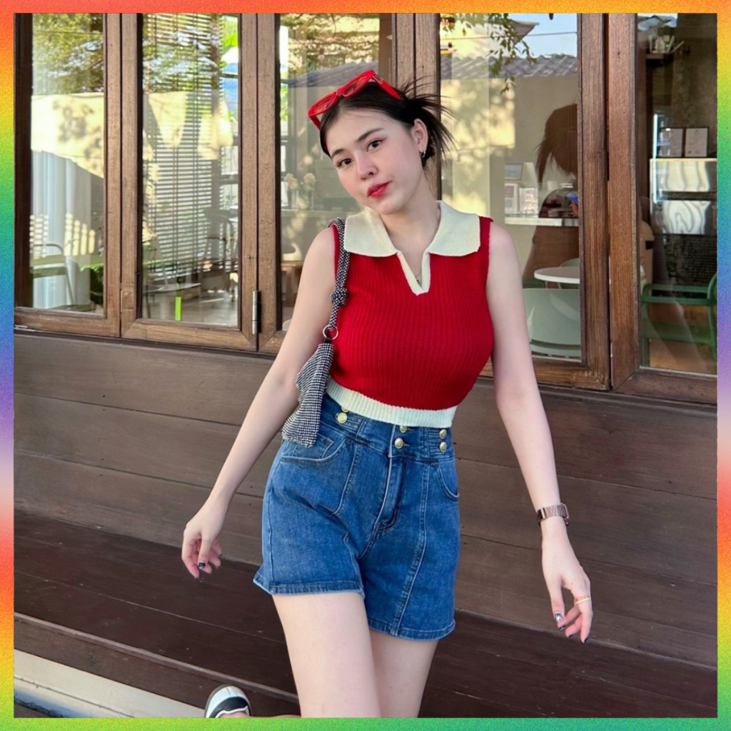 🌈MesubShop🌈เสื้อกล้ามครอป คอโปโลทอลายสลับสี มินิมอลสุด 🍬 ผ้าบางใส่สบาย ไหมพรมยืดเยอะมาก สาวอวบใส่ได้ค้าบ รุ่น ดำดง