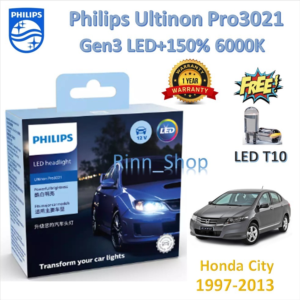 Philips หลอดไฟหน้ารถยนต์ Pro3021 LED+150% 6000K Honda City 1997-2013 (2 หลอด/กล่อง) รับประกัน 1 ปี แถมฟรี LED T10