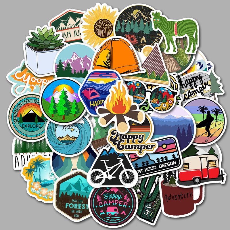 Sticker สติ๊กเกอร์  แคมป์ปิ้ง  PVCกันน้ำ เดินป่า แคมปิ้ง outdoor สติ้กเกอร์ เดินป่า ตั้งแคมป์ เต้นท์ 50ชิ้น ลายไม่ซ้ำ