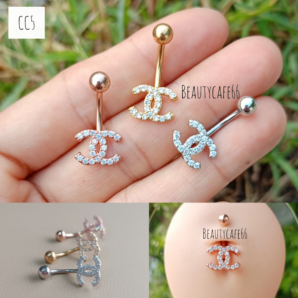 CC5 จิวสะดือเพชร มีสีเงิน/สีทอง/พิงค์ ก้าน 1.6*10 mm. Stainless 316L งานพรีเมี่ยม