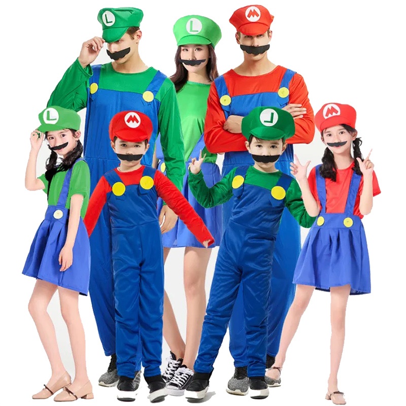 Mario ผู้ใหญ่เด็กชุด Mario ชุด Luigi คอสเพลย์ฮาโลวีนเครื่องแต่งกายของขวัญวันเกิด