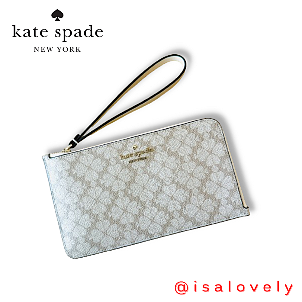 📌Isa Lovely Shop📌  Kate Spade KG487 Lucy Spade Flower Medium L-zip Wristlet Dark Beige
