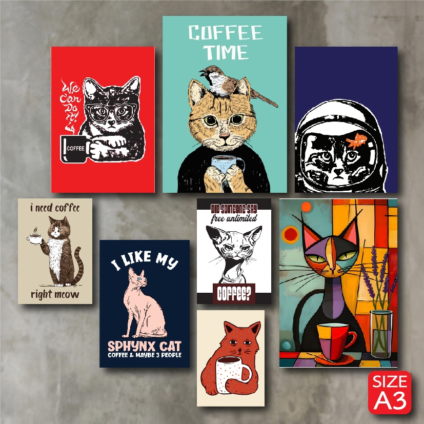 โปสเตอร์ กาแฟ Coffee Cat ภาพน้องแมวน่ารักดื่มกาแฟ สำหรับตกแต่งร้านกาแฟ ตกแต่งห้อง (A3)