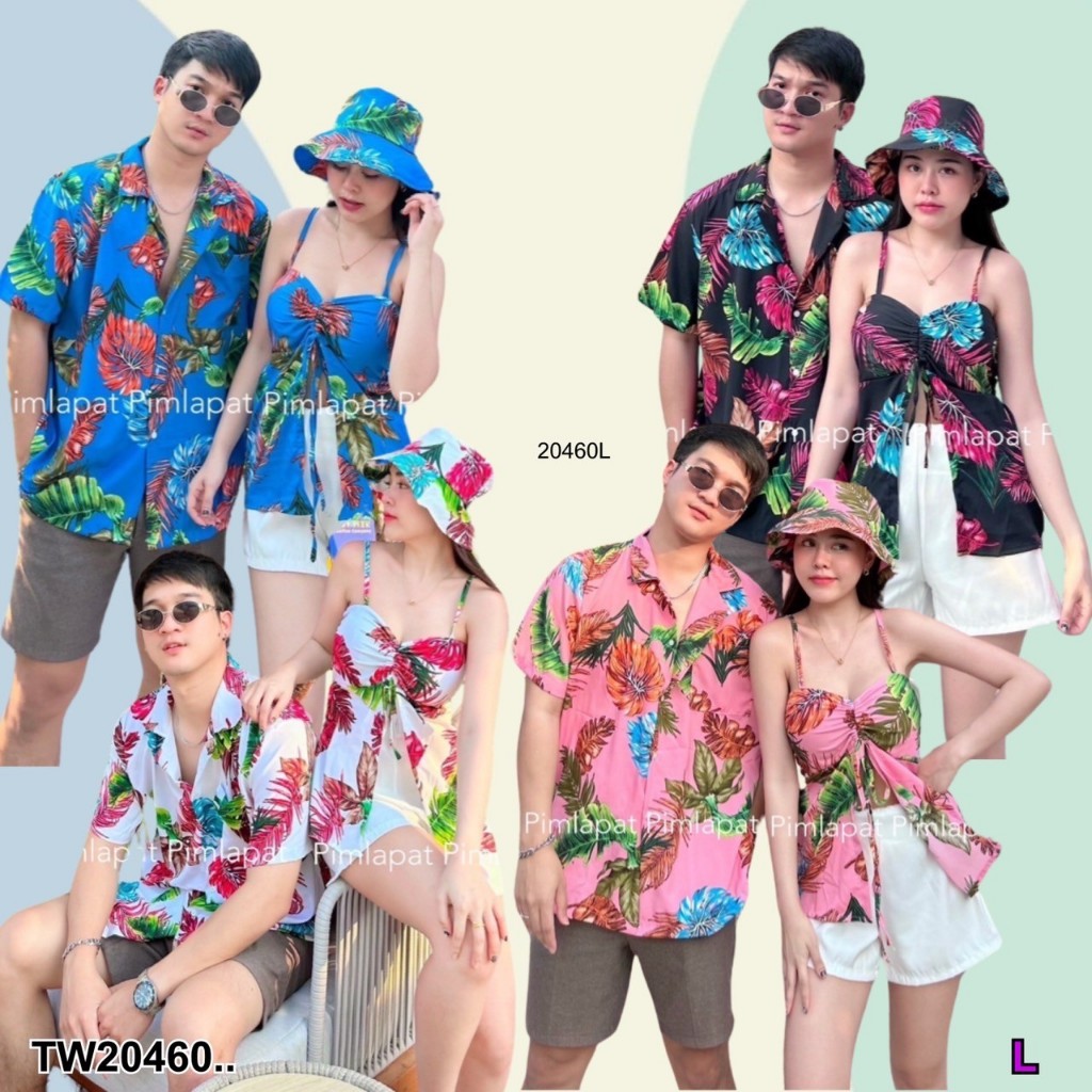 TwinsShopVip พร้อมส่ง TW20460 set เสื้อคู่ เสื้อฮาวาย + เสื้อสายเดี่ยวรูดอก + หมวก ลายใบไม้ ..