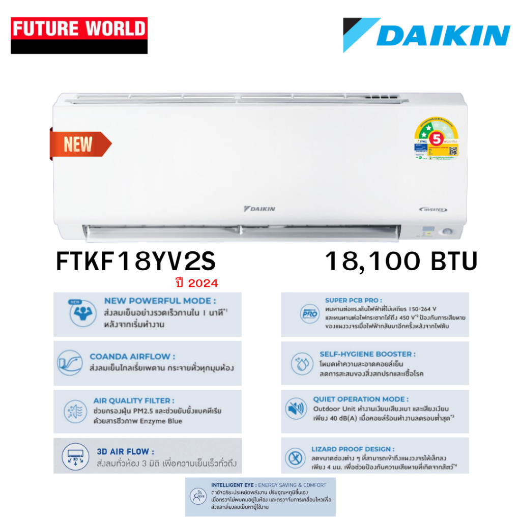 แอร์ผนัง DAIKIN รุ่นล่าสุด 2024 รุ่น FTKF18YV2S ขนาดบีทียู 18,100 บีทียู อินเวอร์เตอร์ (ราคาไม่รวมติ