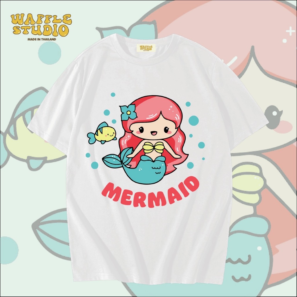 [ ส่งฟรี ] WS0007 เสื้อยืดโอเวอร์ไซส์ เสื้อยืดเกาหลี ผ้าคอตตอน100% เสื้อยืดแขนสั้น เมอเมด ดิสนีย์ WAFFLE STUDIO