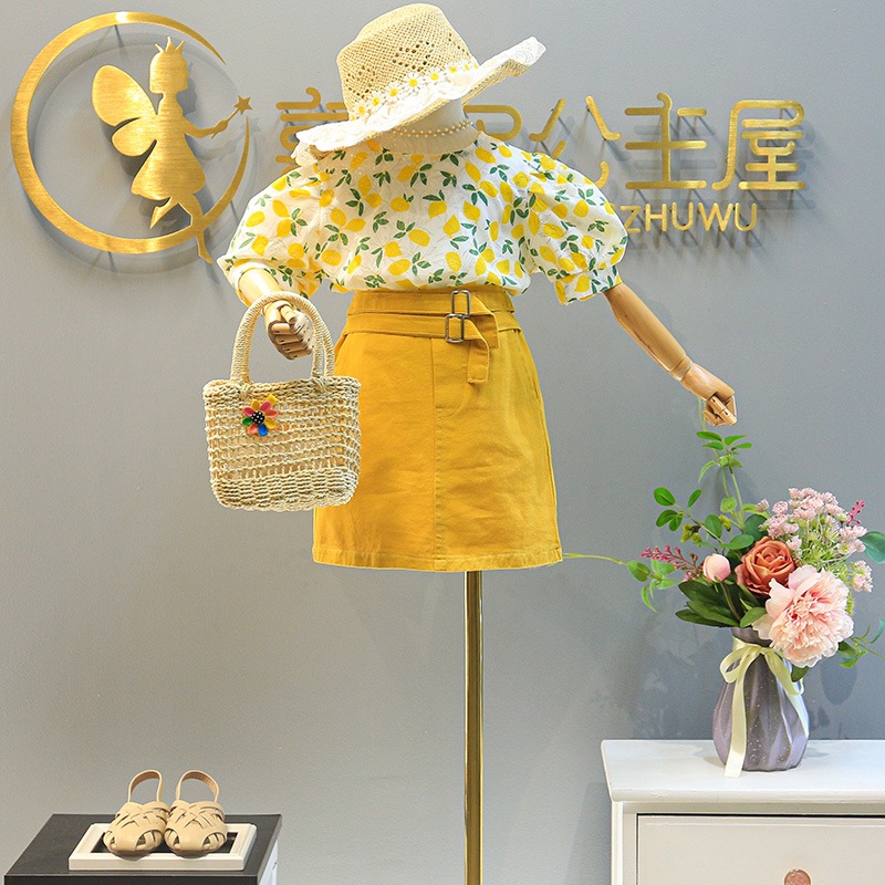 B98 ชุดเซ็ทเด็กเสื้อเลมอน+กระโปรงสีเหลือง