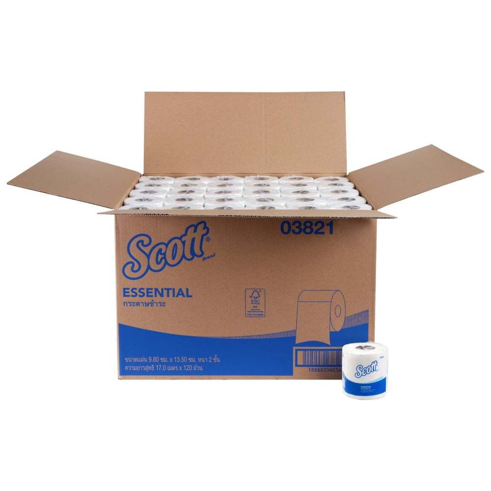 กระดาษชำระแบบม้วนมาตรฐาน SRT Scott® Essential (03821), 17 เมตร / ม้วน, 120 แพ็ค / ลัง, 1 ม้วน / แพ็ค (รวม 120 ม้วน)