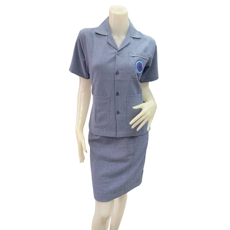 เสื้อซาฟารี กระโปรงอสม.สีเทาฟ้า พร้อมจัดส่ง