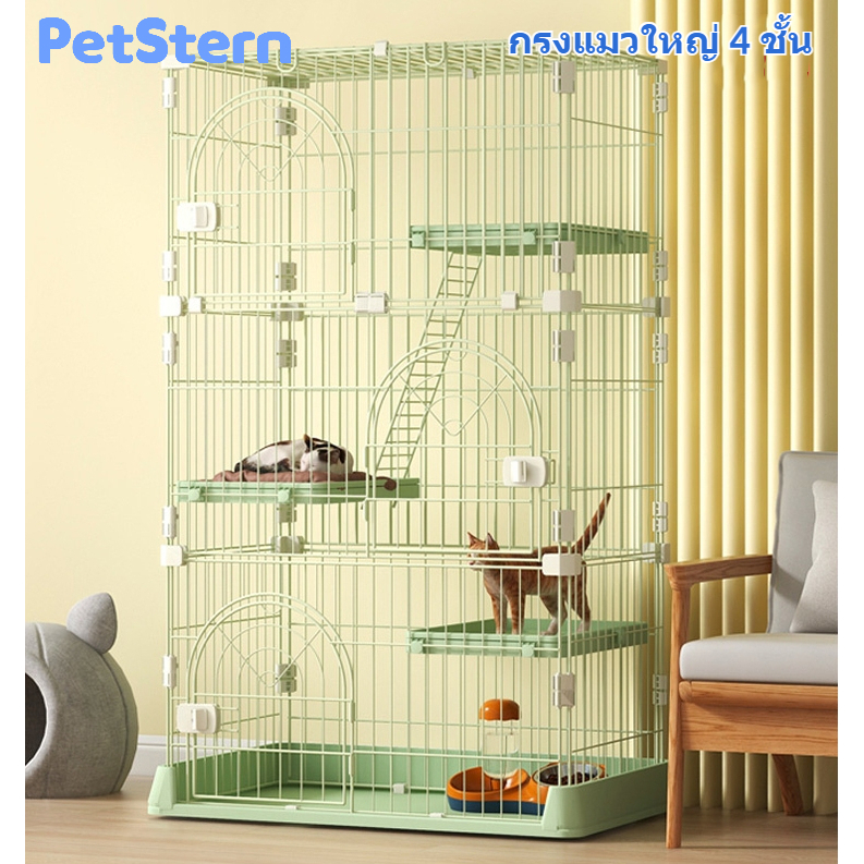 PetStern 🐱กรงสัตว์เลี้ยง ขนาดใหญ่กรงแมวพับได้ กรงแมวคอนโด4ชั้น,มี3ประตู กรงสัตว์เลี้ยง กระต่าย มีชั้นลอยพร้อมบันได