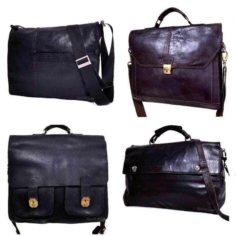 กระเป๋าเอกสาร สีดำ ฟอกฝาด โน๊ตบุ๊ค กระเป๋ามือสอง ของวินเทจ briefcase messenger business bag yonvintage
