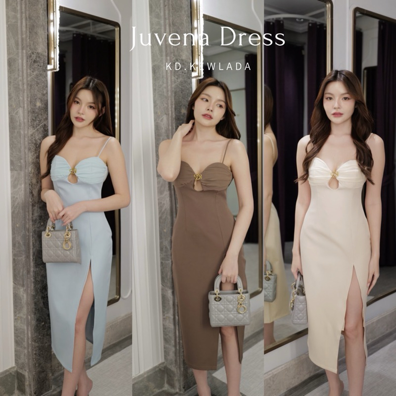 Juvena dress เดรสสายเดี่ยวตัวยาว แต่งอะไหล่ทอง ใส่ออกงานสวยๆ ผ้าดีมาก ป้าย kewlada