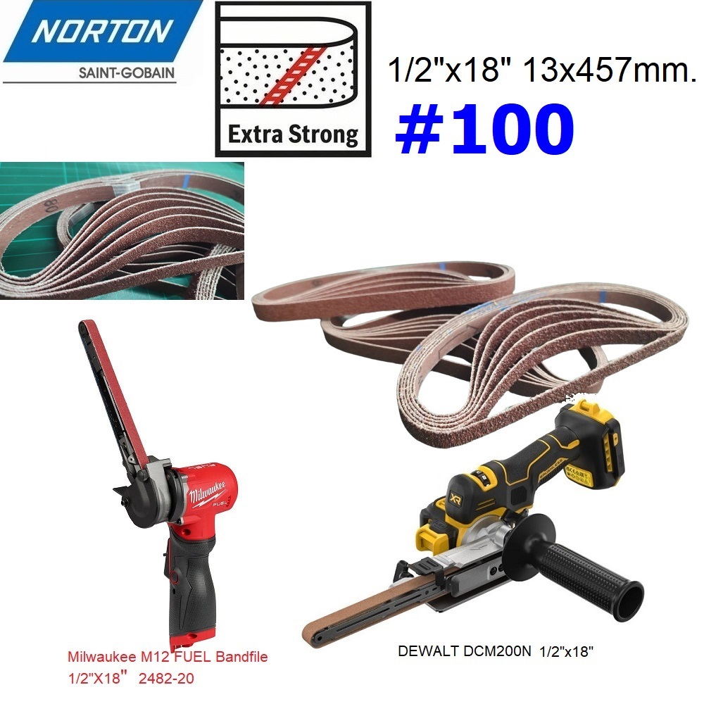 NORTON ผ้าทรายสายพาน1/2″x18″ เบอร์ 100 กระดาษทรายสายพาน ใช่กับ รุ่น DCM200N / M12 2482-20 ( ราคาขายต่อแผ่น )