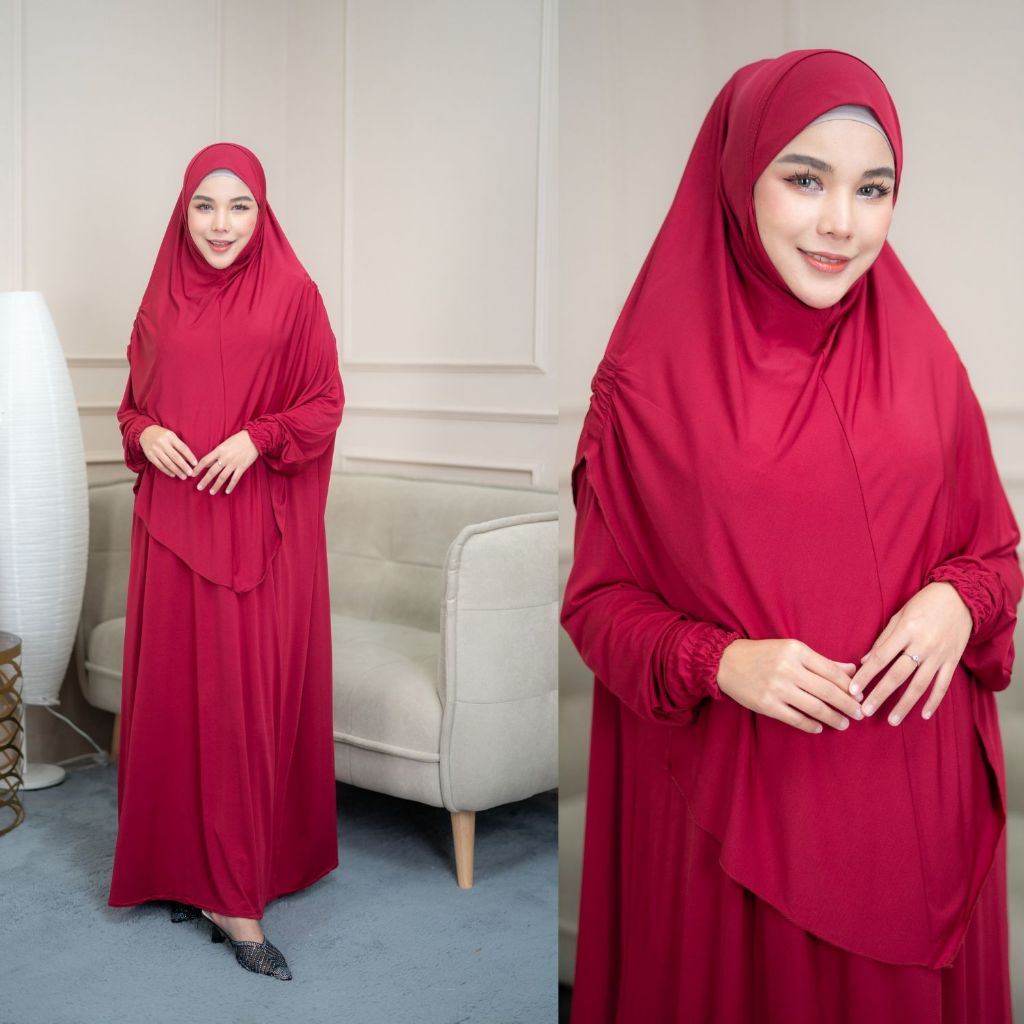 ชุดเดรสพร้อมผ้าคลุม ผ้ายืดนุ่มนิ่มใส่สบาย สวมใส่ง่าย ปลายแขนจั๊มน่ารัก IM29วาริสมุสลิม