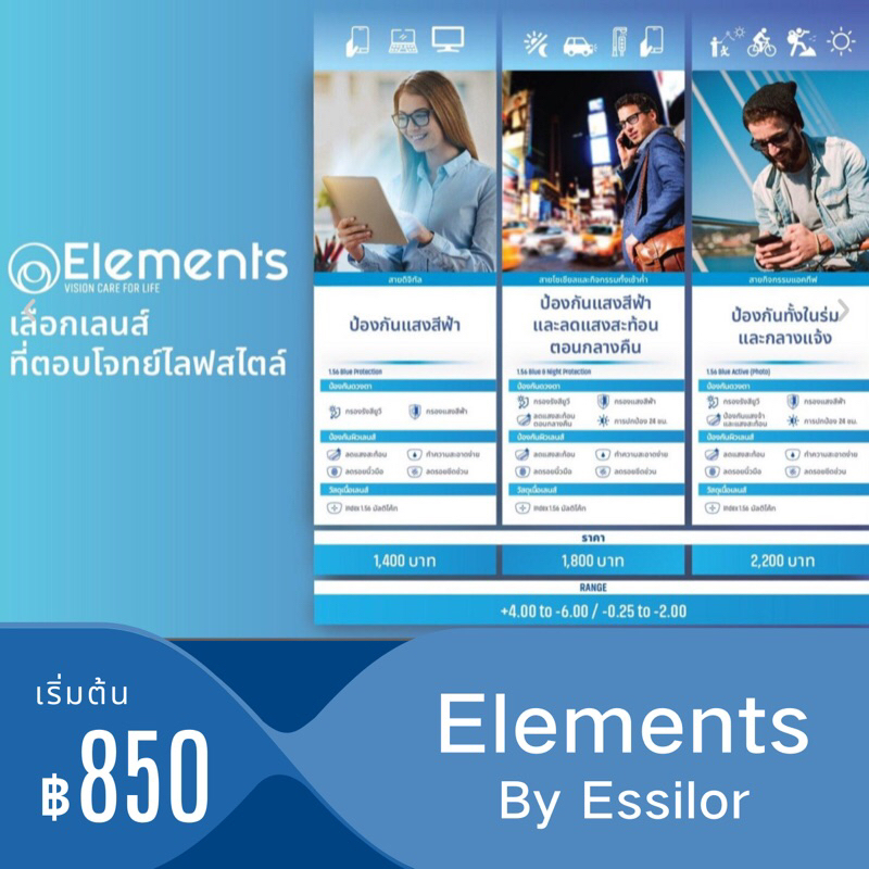 เลนส์สายตา Elements จาก Essilor สินค้าแท้ เลนส์บลูบล็อค เลนส์ออโต้ ตัดเลนส์